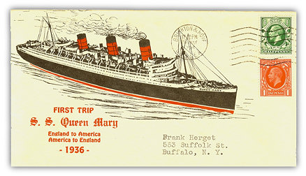 Image of cover with striking graphics in the Cunard colours of red and black